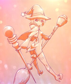 1girl ass back_cutout boku_wa_tomodachi_ga_sukunai breasts broom broom_riding cape closed_mouth clothing_cutout commentary_request dress from_behind full_body garter_straps gradient_background hat high_heels highres holding holding_staff legs_apart lens_flare long_sleeves looking_at_viewer looking_back median_furrow merchandise_available mikazuki_yozora mixed-language_commentary no_panties official_alternate_costume official_artist_extra orange_background panzerfaust purple_background saddle shoes short_dress short_hair small_breasts smile solo staff thighhighs watanabe_yoshihiro witch_hat