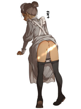 1girl anus apron ass black_pantyhose brown_hair clothes_lift clothes_pull commentary_request dress dress_lift expressionless from_behind full_body grey_hair gundam gundam_gquuuuuux hair_bun hamao highres kanchana light_censor maid panties panty_pull pantyhose pantyhose_pull simple_background solo underwear