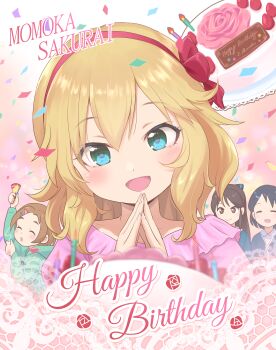Rule 34 | 4girls, :d, absurdres, aqua eyes, birthday cake, blonde hair, blush, bow, bow hairband, cake, character name, commentary request, confetti, food, hair between eyes, hair bow, hairband, happy birthday, highres, idolmaster, idolmaster cinderella girls, idolmaster cinderella girls u149, looking at viewer, medium hair, multiple girls, open mouth, own hands together, party popper, pink shirt, red bow, red hairband, ryuzaki kaoru, sakurai momoka, sasaki chie, shirt, smile, solo focus, steepled fingers, tachibana arisu, yama tatsuo