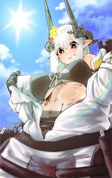 1girl absurdres arknights bikini black_bikini black_gloves blue_sky breasts cloud cloudy_sky commentary_request demon_girl demon_horns gloves highres horns large_breasts long_hair mudrock_(arknights) mudrock_(elite_ii)_(arknights) mudrock_(silent_night)_(arknights) navel pointy_ears red_eyes shima_(wideshi_ma) sky solo sun sweat swimsuit white_hair