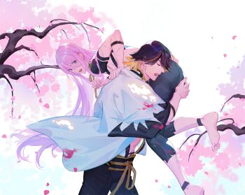 2boys barefoot black_hair black_pants blue_eyes branch carrying carrying_over_shoulder carrying_person cherry_blossoms commentary_request hachisuka_kotetsu hand_on_another&#039;s_ass male_focus multiple_boys nagasone_kotetsu ncww_rinichi open_mouth pants purple_eyes short_hair simple_background touken_ranbu white_background yaoi