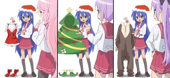4girls animal_costume blue_hair christmas_tree_costume from_behind glasses green_eyes gsa082rnw hat high_heels highres hiiragi_kagami hiiragi_tsukasa izumi_konata lingerie long_hair lucky_star multiple_girls multiple_views pink_hair purple_eyes purple_hair reindeer_costume ryouou_school_uniform santa_hat shoes short_hair takara_miyuki underwear unworn_shoes