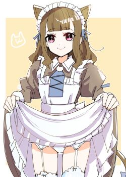 Rule 34 | 1girl, animal ears, apron, border, brown dress, brown hair, cat ears, cat girl, cat tail, closed mouth, clothes lift, commentary request, cowboy shot, dress, dress lift, frilled apron, frills, garter belt, highres, kachimachi kosuzu, kanduki kamibukuro, lifting own clothes, link! like! love live!, long hair, looking at viewer, love live!, maid, maid apron, maid headdress, nyan nyan nyan fair in gamers, outside border, panties, purple eyes, side ahoge, sidelocks, simple background, smile, solo, split mouth, tail, thighhighs, underwear, virtual youtuber, white apron, white border, white panties, white thighhighs, yellow background