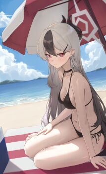 1girl absurdres alternate_costume bare_arms bare_shoulders beach beach_mat beach_umbrella bikini black_bikini black_choker black_hair black_horns blue_archive blue_sky breasts bright_pupils choker cleavage closed_mouth cloud cloudy_sky demon_girl demon_horns gradient_hair grey_halo hair_behind_ear hair_down halo halterneck hand_on_own_thigh highres horns kayoko_(blue_archive) long_hair looking_at_viewer medium_breasts mountainous_horizon multi-strapped_bikini_bottom multicolored_hair navel ocean outdoors red_eyes side-tie_bikini_bottom sitting sky smile solo springrain_06 stomach streaked_hair string_bikini swimsuit thighs umbrella white_hair white_pupils yokozuwari
