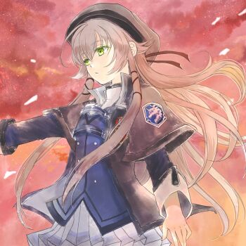 Rule 34 | 1girl, altina orion, beret, black hat, double-parted bangs, eiyuu densetsu, floating hair, gradient sky, green eyes, hair between eyes, hat, highres, jacket, koyagistock, long hair, outdoors, red sky, school uniform, sen no kiseki, sen no kiseki (series), sen no kiseki iii, sidelocks, skirt, sky, solo, thors military academy branch campus uniform, two side up, upper body, white hair, white skirt