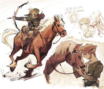 1girl absurdres arrow_(projectile) black_boots blonde_hair blue_eyes boots bow_(weapon) commentary drawing_bow full_body gloves green_tunic grey_pants hat highres holding holding_arrow holding_bow_(weapon) holding_weapon horse horseback_riding isa-415810 link long_hair nintendo pants partially_fingerless_gloves pointy_ears riding simple_background solo the_legend_of_zelda the_legend_of_zelda:_twilight_princess tunic untranslatable_commentary upper_body weapon white_background