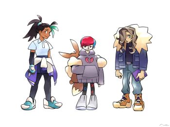 1boy 2girls aethermir arven_(pokemon) book clothes_around_waist dark-skinned_female dark_skin eevee gen_1_pokemon grey_hoodie hair_over_one_eye holding holding_book hood hoodie jacket jacket_around_waist multiple_girls nemona_(pokemon) nintendo open_clothes open_jacket pantyhose parody penny_(pokemon) pokemon pokemon_(creature) pokemon_sv ponytail style_parody white_background