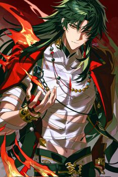 1boy bandages bangle beads belt black_hair blade_(honkai:_star_rail) bracelet closed_mouth commentary covered_abs curtained_hair earrings expressionless fire highres honkai:_star_rail honkai_(series) jacket jewelry long_hair male_focus mevii12345 mismatched_earrings mortenax_blade_(honkai:_star_rail) multicolored_hair necklace open_clothes open_jacket red_eyes red_jacket ring streaked_hair tassel toned toned_male untranslatable_commentary very_long_hair