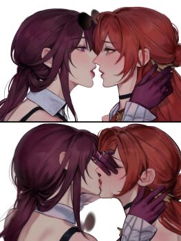 200leg 2girls black_choker choker covering_another's_eyes dress gloves highres himeko_(honkai:_star_rail) honkai:_star_rail honkai_(series) kafka_(honkai:_star_rail) kiss long_hair looking_at_another multiple_girls purple_eyes purple_gloves purple_hair red_hair saliva split_screen uri_(uri22twi) white_background white_dress yellow_eyes yuri