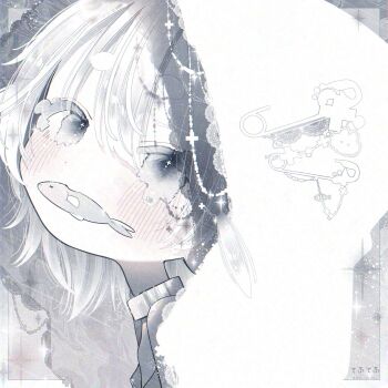 1girl blush eyelashes fish fish_in_mouth grey_eyes highres lace lace_trim looking_at_viewer medium_hair original portrait solo square thk_41 veil white_hair white_theme