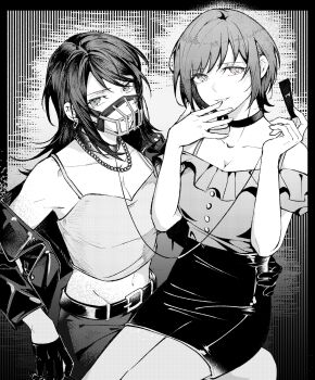 2girls absurdres bang_dream! bang_dream!_it&#039;s_mygo!!!!! belt breasts camisole chinese_commentary choker cleavage commentary_request earrings haoxiangkan_nutong highres holding holding_leash jacket jewelry leash looking_at_viewer medium_breasts medium_hair multiple_girls muzzle_(mask) on_lap pencil_skirt piercing short_hair sitting skirt tongue_piercing yahata_umiri yuri yuutenji_nyamu