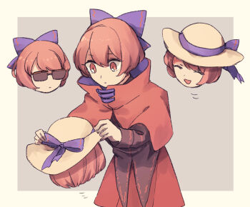 1girl :d :| beige_headwear bespectacled black_shirt bow cloak closed_eyes closed_mouth commentary eyebrows_hidden_by_hair floating_head glasses grey_background hair_between_eyes hair_bow hat hat_bow hat_ribbon long_sleeves oito_(bowstringsmall) open_mouth purple_bow purple_ribbon putting_on_headwear red_cloak red_eyes red_hair red_skirt ribbon sekibanki shirt short_hair simple_background skirt smile solo sun_hat sunglasses swept_bangs touhou upper_body yellow_hat