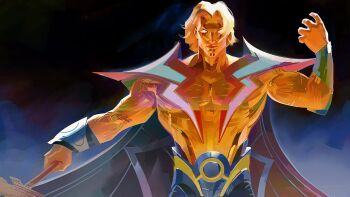 1boy absurdres adam_warlock black_background black_pants blonde_hair blue_background bracer cape colored_skin commentary english_commentary guardians_of_the_galaxy highres holding holding_scepter looking_at_viewer male_focus marvel marvel_rivals muscular muscular_male nixxez2 pants pectorals red_cape scepter short_hair solo upper_body white_eyes yellow_skin