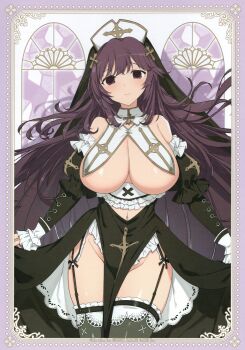 1girl absurdres black_thighhighs black_veil breast_curtains breasts cleavage closed_mouth clothing_cutout coif cross curtsey garter_straps highres huge_breasts light_blush long_hair long_sleeves looking_at_viewer murasaki_(senran_kagura) navel navel_cutout no_bra no_panties non-web_source nun official_art pelvic_curtain puffy_long_sleeves puffy_sleeves purple_eyes purple_hair senran_kagura senran_kagura_new_link smile solo thighhighs veil very_long_hair yaegashi_nan