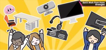 1boy 2girls animated animated_gif camera computer desk kirby laptop multiple_girls