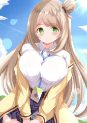 Rule 34 | 1girl, between breasts, blue archive, blue sky, blush, breasts, brown hair, brown jacket, closed mouth, cloud, collared shirt, commentary request, day, green eyes, grey skirt, hair bun, highres, jacket, lanyard, large breasts, long hair, long sleeves, nonomi (blue archive), off shoulder, open clothes, open jacket, outdoors, plaid, plaid skirt, puffy long sleeves, puffy sleeves, shirt, skirt, sky, smile, solo, swept bangs, very long hair, white shirt, xenon (for achieve)