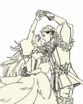 1boy 1girl aliasing bags_under_eyes belt bodice cowboy_shot dancing dress dungeon_meshi elf from_side fur_trim gloves half-closed_eyes holding_hands hood kensuke_(dungeon_meshi) laios_touden long_hair looking_at_another marcille_donato marcille_donato_(lord) official_alternate_costume parted_lips pointy_ears puffy_sleeves rivaeri short_hair sword weapon white_background