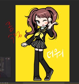 1girl art_program_in_frame blush_stickers brown_eyes brown_hair full_body jjjjtaaaku kujikawa_rise one_eye_closed persona persona_4 school_uniform twintails yasogami_school_uniform yellow_background