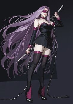 1girl blindfold collar colored_blindfold dress facial_mark fate/stay_night fate_(series) forehead_mark h4sh1rnoto highres holding holding_nunchaku holding_weapon medusa_(fate) medusa_(fate/stay_night) medusa_(rider)_(fate) nunchaku purple_collar solo strapless strapless_dress tube_dress weapon