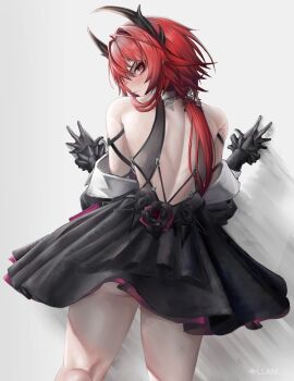 Rule 34 | 1girl, absurdres, arknights, arknights: endfield, ass, backless dress, backless outfit, bare back, bare shoulders, black dress, black gloves, black horns, black skirt, blush, closed mouth, demon horns, dress, from behind, gloves, hair between eyes, highres, horns, kafu (kafu6416), laevatein (arknights), long hair, looking at viewer, looking back, red eyes, red hair, skirt, solo, surtr (arknights)