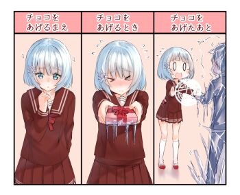 >_< 1boy 1girl :o amano_tsurara before_and_after beige_background blue_eyes blue_hair blush bob_cut brown_skirt chart closed_eyes closed_mouth flying_sweatdrops frozen hair_ornament incoming_gift kneehighs kyoo-kyon_(kyo-kyon) looking_at_viewer magic_circle multiple_views open_mouth original parted_lips pleated_skirt school_uniform serafuku shoes short_hair simple_background skirt snowflake_hair_ornament socks tears upper_body uwabaki valentine wavy_mouth white_socks yuki_arare