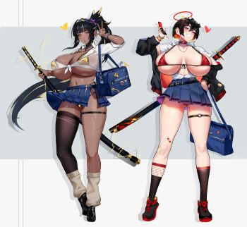 2girls absurdres adoptable bag bandaid bandaid_on_face bikini bikini_under_clothes black_choker black_hair blonde_hair breasts choker choki_(x_chok1) colored_inner_hair dark-skinned_female dark_skin earrings eyewear_on_head grin gyaru hand_on_own_hip highres holding holding_phone holding_sword holding_weapon huge_breasts jacket jacket_partially_removed jewelry katana long_hair loose_socks micro_bikini multicolored_hair multiple_girls open_clothes open_shirt original phone pleated_skirt ponytail red_hair school_uniform see-through_clothes see-through_shirt short_hair single_thighhigh skirt smile socks streaked_hair sunglasses swimsuit sword thigh_strap thighhighs weapon