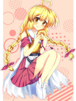 Rule 34 | 1other, 2000s (style), androgynous, anime coloring, antenna hair, armor, bare legs, bare shoulders, belt, black belt, blonde hair, border, bow, braid, breastplate, brown background, bubble, cape, closed mouth, commentary request, crumbs, detached sleeves, donut, eating, faux retro artstyle, food, food bite, full body, hair between eyes, hair bow, hakama, hakama short skirt, hakama skirt, heart, heart antenna hair, heart in eye, highres, holding, holding food, japanese clothes, kimono, knees up, kurokoge karubi, len'en, light blush, long hair, low twin braids, ooama no ake no mitori, other focus, outside border, pagoda, pillarboxed, print tabard, red bow, red hakama, red kimono, red sleeves, ribbon-trimmed socks, ribbon trim, short kimono, short sleeves, sitting, skirt, smile, socks, solo, symbol in eye, tabard, tareme, torn cape, torn clothes, torn socks, twin braids, very long hair, white border, white cape, white socks, white tabard, yellow eyes