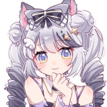 1girl animal_ears bare_shoulders black_bow blue_eyes bow cat_ears cat_girl closed_mouth commentary commission grey_hair hair_bow hair_ornament hand_up highres long_hair long_sleeves looking_at_viewer off-shoulder_shirt off_shoulder original portrait purple_shirt shirt simple_background smile solo sparkle_hair_ornament striped_bow symbol-only_commentary twintails vgen_commission white_background wing_hair_ornament yukomeow