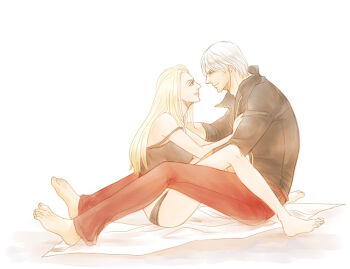 Rule 34 | 1boy, 1girl, blonde hair, couple, dante (devil may cry), devil may cry, devil may cry (series), devil may cry 4, feet, hetero, hug, legs, looking at another, panties, trish (devil may cry), underwear