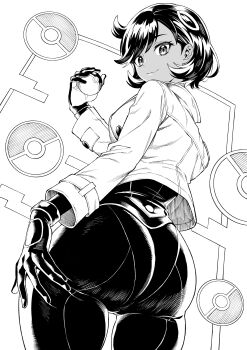 1girl :3 absurdres ass ass_focus ayumuhotaka black_bodysuit black_hair bodysuit bodysuit_under_clothes curvy dark-skinned_female dark_skin emma_(pokemon) gloves highres holding holding_poke_ball huge_ass jacket looking_at_viewer looking_back nintendo poke_ball poke_ball_(basic) pokemon pokemon_legends:_z-a shiny_clothes short_hair smile wide_hips