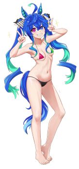 1girl ahoge animal_ears armpits arms_up barefoot black_panties blue_eyes blue_hair blush bra double_v dozy_kiwi feet full_body green_bra green_hair hair_between_eyes heterochromia horse_ears horse_girl horse_tail huge_ahoge long_hair mismatched_pupils multicolored_hair navel panties pink_bra purple_eyes sharp_teeth smile solo sparkle tail teeth thighs tiptoes twin_turbo_(umamusume) twintails two-tone_hair umamusume underwear v