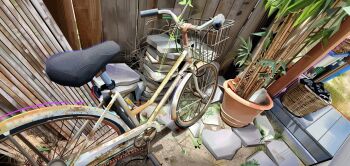 bamboo basket bicycle bicycle_basket commentary day dirt english_commentary fence flower_pot highres laundry_basket nate_d_hernandez no_humans original outdoors plant potted_plant rock rust scenery wooden_fence