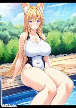 1girl akane_(satou_terumasa) animal_ear_fluff animal_ears artist_name bare_arms bare_shoulders blonde_hair blue_sky blush breasts bush cleavage closed_mouth cloud collarbone commission competition_swimsuit covered_navel day fox_ears hair_between_eyes highleg highres impossible_clothes impossible_swimsuit large_breasts letterboxed long_hair looking_at_viewer one-piece_swimsuit original outdoors pool poolside purple_eyes satou_terumasa signature sitting skeb_commission sky smile soaking_feet solo sunlight swimsuit taut_clothes taut_swimsuit thighs twitter_username two-tone_swimsuit variant_set very_long_hair water water_drop white_one-piece_swimsuit
