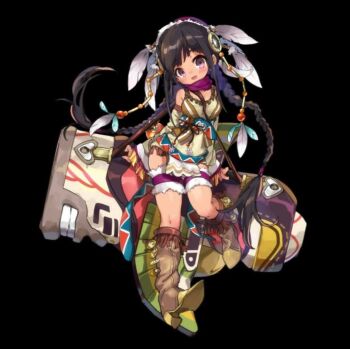 1girl bare_shoulders black_background black_hair blush boots braid breasts brown_boots brown_dress detached_sleeves dress feathers full_body hair_ornament head_tilt highres long_hair medium_breasts merc_storia merc_storia_art_team native_american official_art open_mouth purple_eyes purple_scarf scarf short_dress sidelocks simple_background sitting sleeveless sleeveless_dress smile solo tachi-e thigh_scrunchie thighs twin_braids ulrica_(merc_storia) very_long_hair wide_sleeves