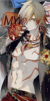 1boy abs belt black_belt black_jacket blonde_hair braid chest_tattoo earrings facial_tattoo fingerless_gloves food fruit gem gloves gold_earrings gold_necklace gradient_hair highres holding holding_food holding_fruit honkai:_star_rail honkai_(series) jacket jewelry male_focus medium_hair mississipping multicolored_hair mydei_(honkai:_star_rail) mydei_(nylon_japan)_(honkai:_star_rail) necklace official_alternate_costume open_clothes open_jacket pants pomegranate red_gemstone red_gloves red_hair red_pants red_tattoo side_braid solo tattoo toned toned_male yellow_eyes
