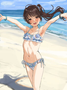 1girl :d armpits arms_up ata_(tsumari) beach bikini blue_sky blush bracelet breasts brown_eyes brown_hair cleavage cloud cowboy_shot day floating_hair frilled_bikini frills hair_ornament hair_scrunchie head_tilt high_ponytail highres horizon jewelry long_hair looking_at_viewer loose_hair_strand messy_hair o/ ocean open_mouth original outdoors outstretched_arms petite ponytail print_bikini print_scrunchie ribs sand scrunchie shadow side-tie_bikini_bottom sketch skinny sky small_breasts smile solo standing swimsuit teeth upper_teeth_only water wet wind