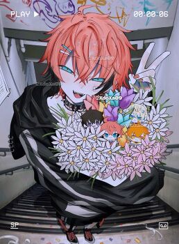 Rule 34 | 1boy, akagi wen, aqua eyes, arm up, black choker, black jacket, bouquet, choker, collar, flower, foreshortening, full body, graffiti, hair between eyes, hair ornament, hairclip, hibachi mana, highres, holding, holding bouquet, jacket, long sleeves, male focus, nijisanji, open clothes, open jacket, open mouth, oriens (nijisanji), pink flower, pink hair, pink nails, saiki ittetsu, sharp teeth, short hair, smile, spiked collar, spikes, stairs, teeth, tongue, usami rito, v, virtual youtuber, white flower, xdoxa89