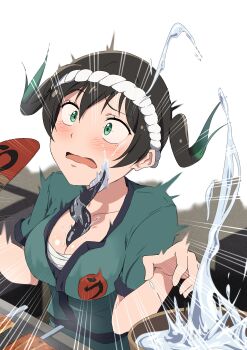 1girl absurdres animal animal_between_breasts between_breasts black_hair breasts chef chest_sarashi cleavage cooking eel fish fish_(food) green_eyes grilled_eel happi highres japanese_clothes love_live! love_live!_nijigasaki_high_school_idol_club medium_breasts medium_hair multicolored_hair rope sarashi surprised takasaki_yu twintails two-tone_hair water wet wide-eyed zasshoku_ojisan