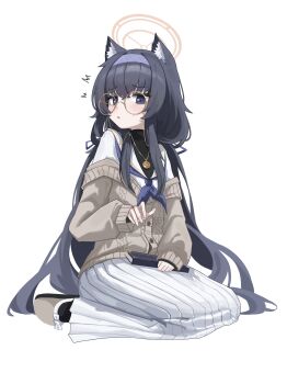 Rule 34 | 1girl, absurdres, animal ear fluff, animal ears, black hair, blue archive, blue eyes, blue neckerchief, blush, book, bow, brown cardigan, brown halo, cardigan, cat ears, cat girl, commentary, crossed bangs, footwear bow, furrowed brow, glasses, hair between eyes, hair over shoulder, halo, hand up, highres, holding, holding book, jewelry, kemonomimi mode, long hair, long skirt, looking at viewer, low twintails, neckerchief, open mouth, pendant, pleated skirt, round eyewear, sailor collar, school uniform, serafuku, shirt, sidelocks, simple background, sitting, skirt, sleeves past wrists, slippers, solo, straight hair, sweatdrop, twintails, ui (blue archive), very long hair, wariza, white background, white bow, white sailor collar, white serafuku, white shirt, white skirt, xiaoxiaoyifan, yellow-framed eyewear