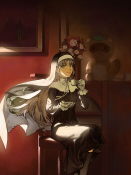 1girl absurdres chair cup flower gloves green_eyes grey_hair highres holding holding_cup imageprogram_(kent) nijisanji nun portrait sister_claire sitting tanuki virtual_youtuber white_gloves