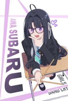 1girl ahoge aqua_necktie awa_subaru black_hair character_name desk drumsticks feca girls_band_cry glasses highres holding holding_drumsticks long_hair looking_at_viewer necktie open_mouth purple_eyes school_uniform solo