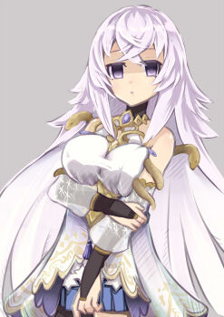 1girl az:u breasts cleavage_cutout clothing_cutout empty_eyes grey_background grimms_notes large_breasts looking_at_viewer magic_mirror_(grimms_notes) parted_lips purple_eyes purple_hair solo