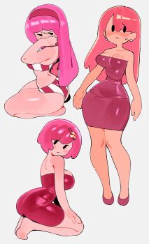 1girl adventure_time ass barefoot bikini bob_cut breasts candy_hair_ornament cleavage colored_skin dress earrings food-themed_hair_ornament full_body hair_ornament hairband hairclip highres jewelry kneeling large_breasts long_hair narrow_waist pink_hair pink_skin princess_bonnibel_bubblegum short_hair standing strapless strapless_dress swimsuit wamudraws