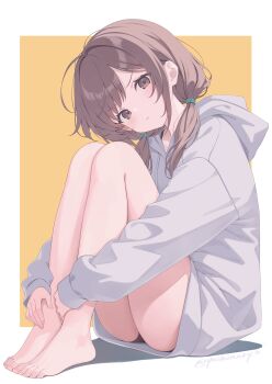 1girl ahoge bare_legs barefoot blush brown_eyes brown_hair closed_mouth commentary_request feet grey_hoodie highres hood hood_down hoodie hugging_own_legs knees_to_chest knees_up legs legs_together long_sleeves looking_at_viewer medium_hair no_shoes original sitting solo toes twintails yoshino_ryou