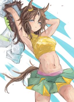 1girl animal_ears armpits arms_up belt blush breasts brown_hair crop_top cropped_jacket ear_ornament fur-trimmed_jacket fur_trim green_skirt holding_unworn_jacket horse_ears horse_girl horse_tail jacket long_hair medium_breasts mejiro_palmer_(line_breakthrough)_(umamusume) mejiro_palmer_(umamusume) midriff multicolored_hair navel parted_lips pink_belt ponytail shirt skirt sleeveless sleeveless_shirt stomach streaked_hair tail umamusume white_hair white_jacket yanagi_wakana yellow_shirt