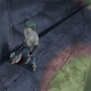 1boy axe bio_lab black_gloves blood bloody_weapon blue_pants brown_shoes celestial_s commentary_request crop_top fingerless_gloves full_body fur-trimmed_shirt fur_trim gloves green_hair grin hair_between_eyes holding holding_axe howard_alt-eisen indoors jewelry looking_at_viewer male_focus necklace open_clothes open_shirt pants ragnarok_online red_eyes shirt shoes short_hair sleeveless sleeveless_shirt smile solo standing tile_floor tiles weapon white_shirt whitesmith_(ragnarok_online)