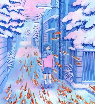 1girl animal blue_eyes blue_footwear blue_hair blue_outline blue_scarf blue_skirt blue_sky blue_theme closed_mouth commentary dot_mouth english_commentary fence fish flying_fish full_body goldfish heikala highres inktober koi lamppost looking_at_viewer multicolored_sky orange_scales original outdoors outline painting_(medium) pastel_colors pine_tree pink_sky pink_sweater plant power_lines road scarf scenery short_hair skirt sky snow snow_on_tree socks solo standing street striped_clothes striped_scarf surreal sweater traditional_media tree watercolor_(medium) white_socks