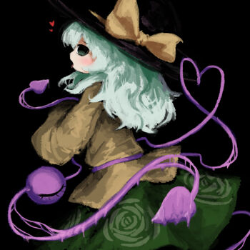 1girl black_background black_eyes black_hat commentary_request green_hair green_skirt hair_between_eyes hat hat_ribbon heart heripantomorrow komeiji_koishi long_sleeves looking_at_viewer open_mouth profile ribbon shirt simple_background skirt solo third_eye tongue tongue_out touhou wide_sleeves yellow_ribbon yellow_shirt