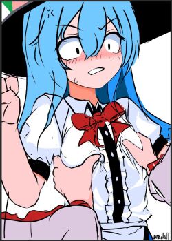 2girls anger_vein artist_name blush bow brodall_pixel clenched_hand clenched_teeth collared_shirt flat_chest food frilled_sleeves frills fruit furrowed_brow grabbing_another's_breast groping hair_between_eyes hands_up hat hinanawi_tenshi leaf long_hair long_sleeves multiple_girls nagae_iku peach red_bow sexual_harassment shirt short_sleeves simple_background sketch standing sweatdrop teeth touhou white_background wide-eyed yuri