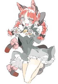 Rule 34 | 1girl, animal ear fluff, animal ears, black dress, black shoes, breasts, cat ears, cat tail, dress, extra ears, fang, fingernails, frilled dress, frilled sleeves, frills, kaenbyou rin, konabetate, long fingernails, long hair, long sleeves, medium breasts, multiple tails, nail polish, open mouth, pointy ears, red eyes, red hair, red nails, sharp fingernails, shoes, simple background, skin fang, smile, solo, tail, touhou, two tails, white background